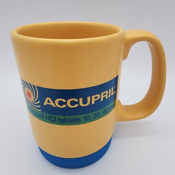 Vintage Accupril Coffee Mug Cup Pharma Drug Rep Advertising Yellow Rubber Bottom - Picture 1 of 9
